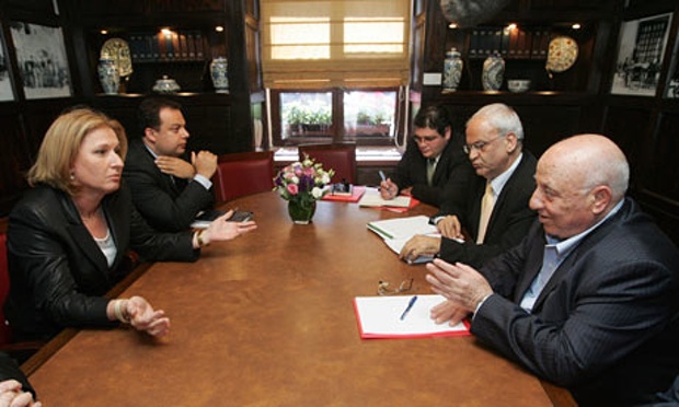 Negotiators Ahmed Qureia (right) and Saeb Erekat (2nd right) and Tzipi Livni (left), in the peace process. Photograph: David Furst/AFP/Getty Images
