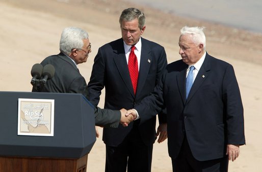 Prime Minister of the Palestinian National Authority Mahmoud Abbas, United States President George W. Bush, and Ariel Sharon, Red Sea Summit, Aqaba, June 2003