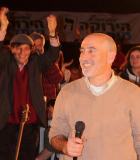 Alon Tal, the third candidate on the Green Movement-Meimad's Knesset list, addressing the party's kick-off rally on Jan. 18 in Tel Aviv. Photo by Yosef Israel Abramowitz.