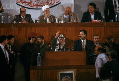 Yasser Arafat, proclaiming the Palestinian Declaration of Independence (written by the Palestinian poet Mahmoud Darwish) on November 15,1988.
