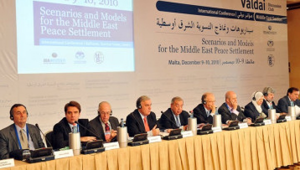 Gershon Baskin (second from right) on the podium with world leaders at the interational summit "Scenarios and Models of the Middle East Peace Settlement", in La Valletta, Malta, on Dec. 9, 2010.