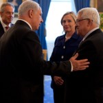Tony Blair, Prime Minister Benjamin Netanyahu, Secretary of State Hillary Rodham Clinton, President Mahmoud Abbas talk in the Blue Room of the White House,