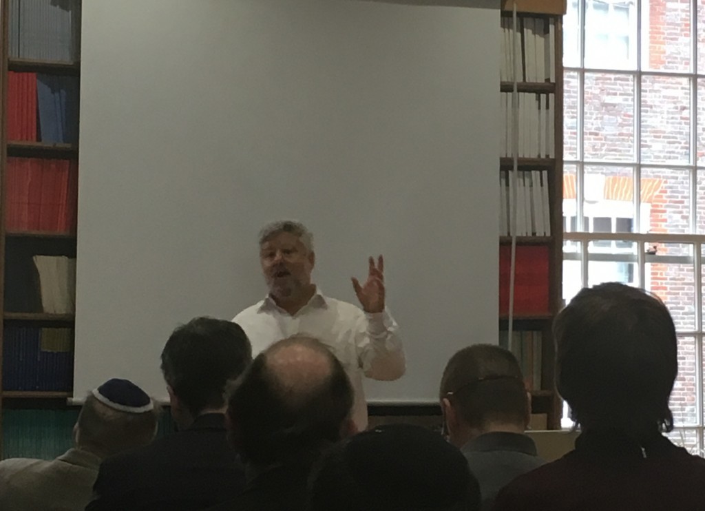 Gershon Baskin speaking at an event with the Council of Christians and Jews on Monday