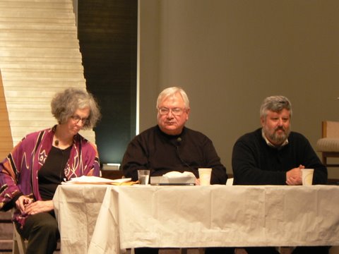Diane Balser mediates the conversation with Gershon Baskin and Hanna Siniora. Photos taken by Larry Rosenberg