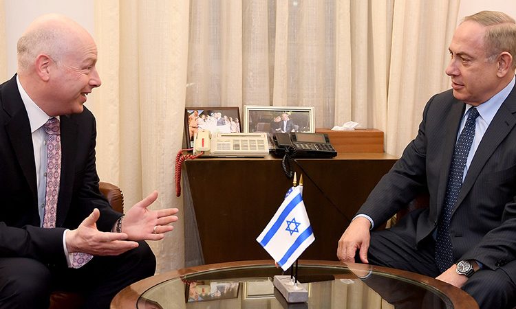 Jason Greenblatt, U.S.A. President Trump’s special representative for international negotiations (a role that involves overseeing negotiations between Israelis and the Palestinians) with Israeli Prime Minister Benjamin Netanyahu.