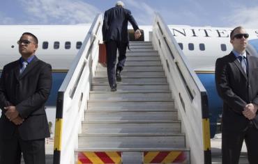 Turning his back on the peace process?: US Secretary of State John Kerry leaves Tel Aviv, April 1, as Israeli-Palestinian peace talks collapse Photo: JACQUELYN MARTIN / POOL / REUTERS