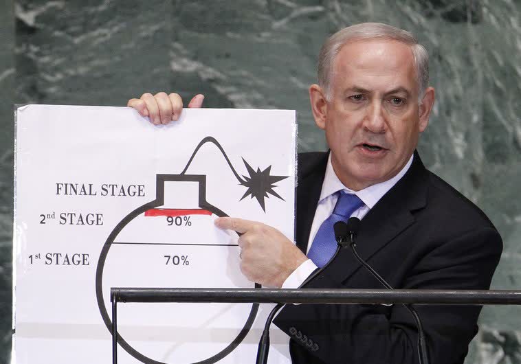 Binyamin Netanyahu warns against nuclear Iran at 2012 UN General Assembly. (photo credit:REUTERS)