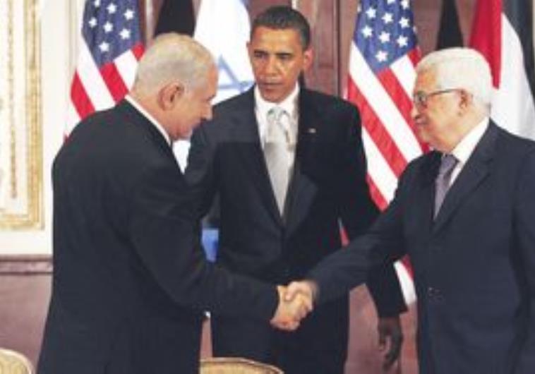 TRY AND TRY AGAIN. The summit in September 2009. Obama had urged then for both sides to start talks Obama, Netanyahu and Abbas,. (photo credit:Associated Press)